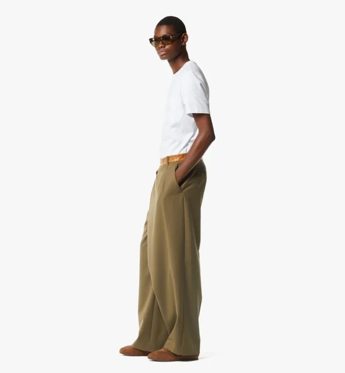 Pantalon en twill de laine et cuir imprimé Monogram